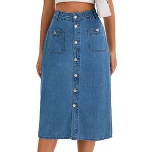 Women's Denim Skirt Button Down Front High Waist Pockets Midi Jean Skirts